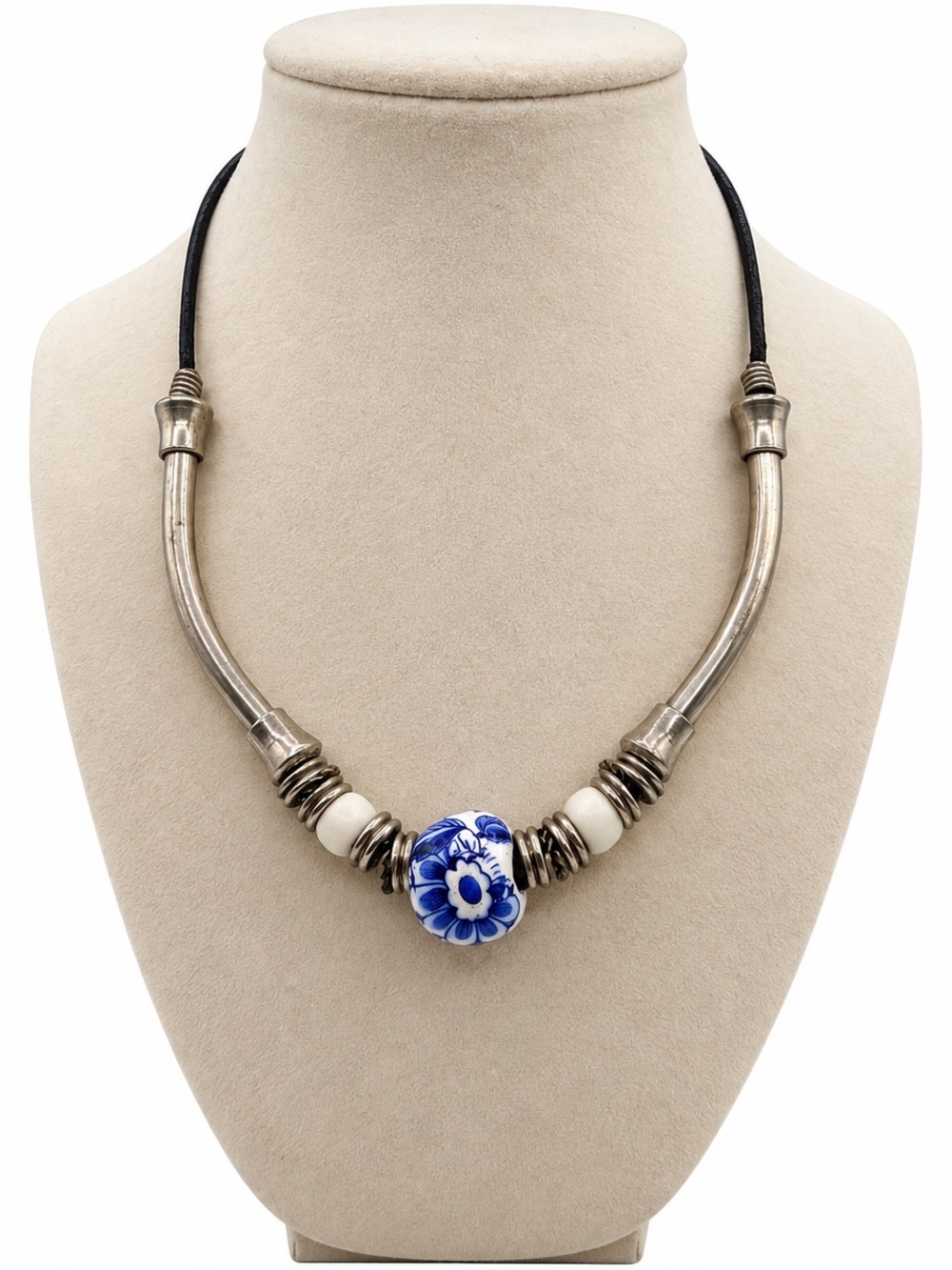 Vintage Blue White Porcelain Bead Silver Tone Statement Necklace